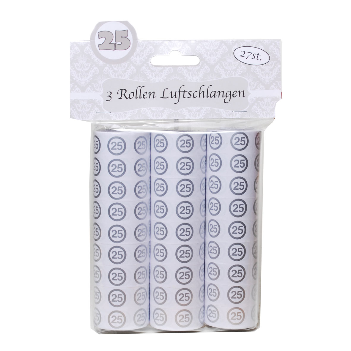 Luftschlangen in silber mit “25”-Aufdruck