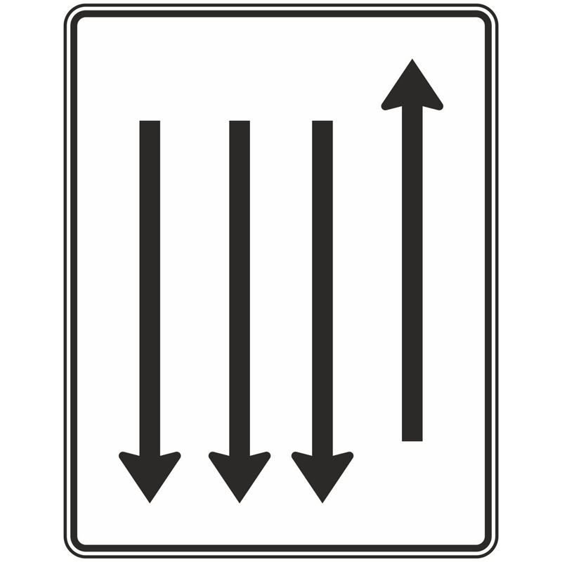 Verkehrszeichen 522-38 Fahrstreifentafel mit Gegenverkehr, 1-streifig in Fahrtrichtung und 3-streifig in Gegenrichtung