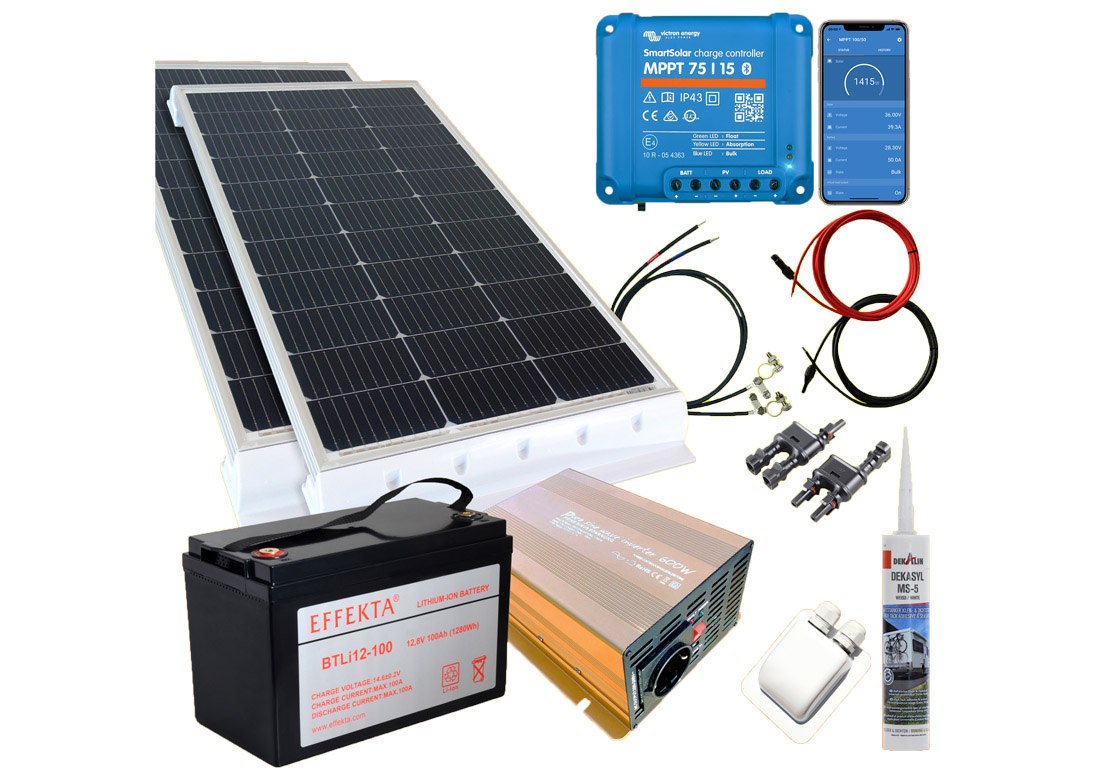 200 Watt Wohnmobilsolaranlage Set mit Victron 75/15 inkl. Bluetooth in weiss oder schwarz