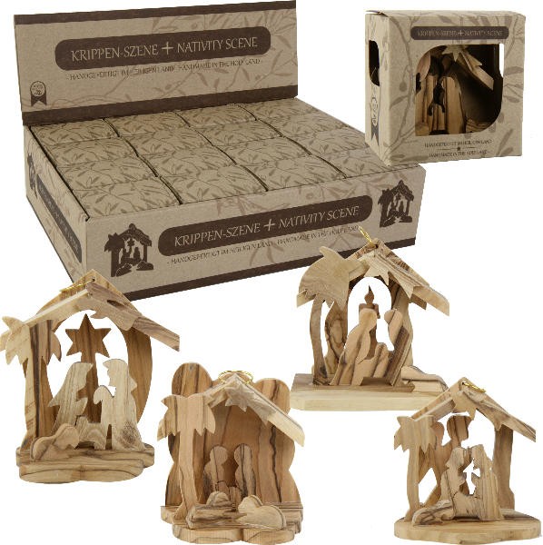 Holz Anhänger Minikrippe – Olivenholz Weihnachtskrippe Christbaumschmuck Bethlehem
